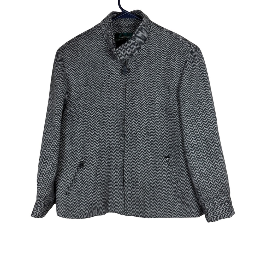Lauren Ralph Lauren Wool Alpaca Herringbone Zip Jacket Gray Black Mock Neck L